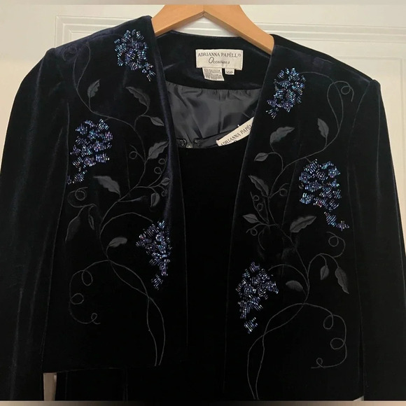Vintage Adrianna Papell Occasions Gown & Bolero Matching Set Navy Velour 10P - Picture 4 of 9